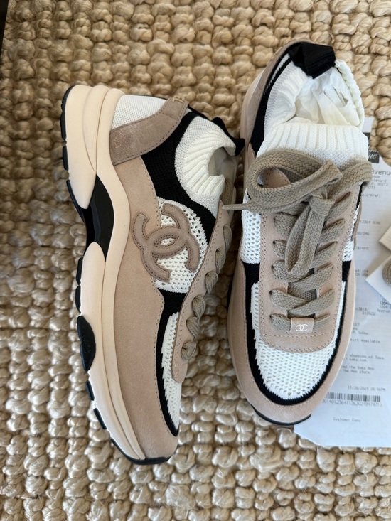 CHANEL Shoes - CHANEL Beige, White & Black CC Logo Chunky Knit Sneakers